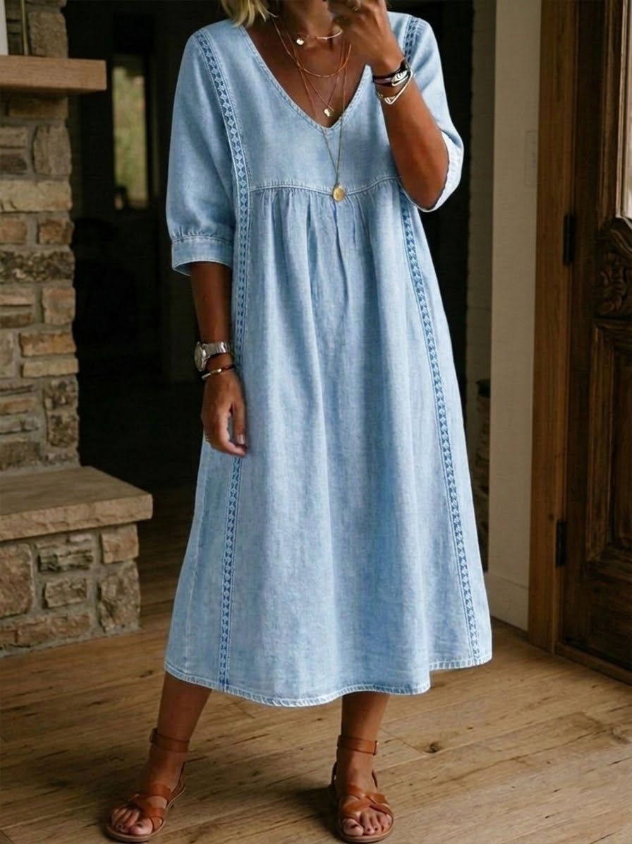 Vestido mujer denim fluido cuello V – vestido casual elegante encaje