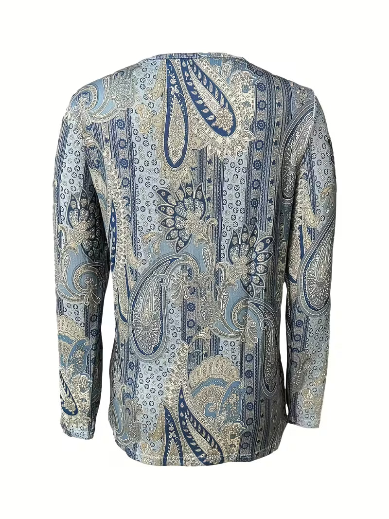 Top de mujer con estampado paisley, cuello drapeado y botones