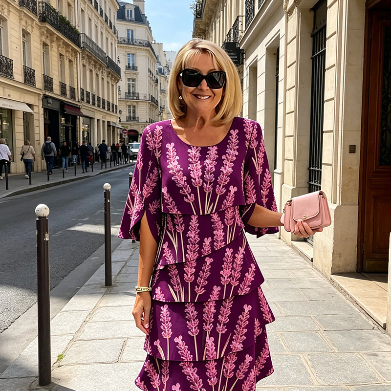 Vestido midi mujer estampado lavanda volantes escalonados mangas abiertas elegante