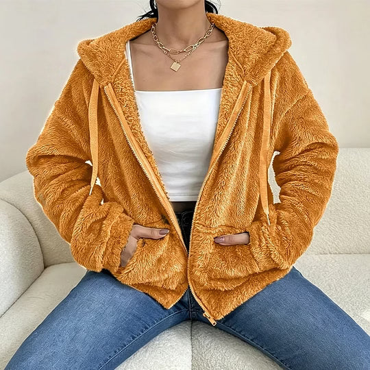 Chaqueta sherpa para mujer con capucha y cremallera