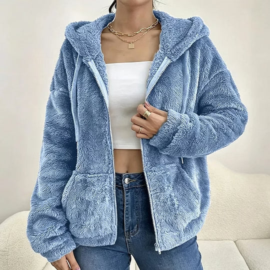 Chaqueta sherpa para mujer con capucha y cremallera