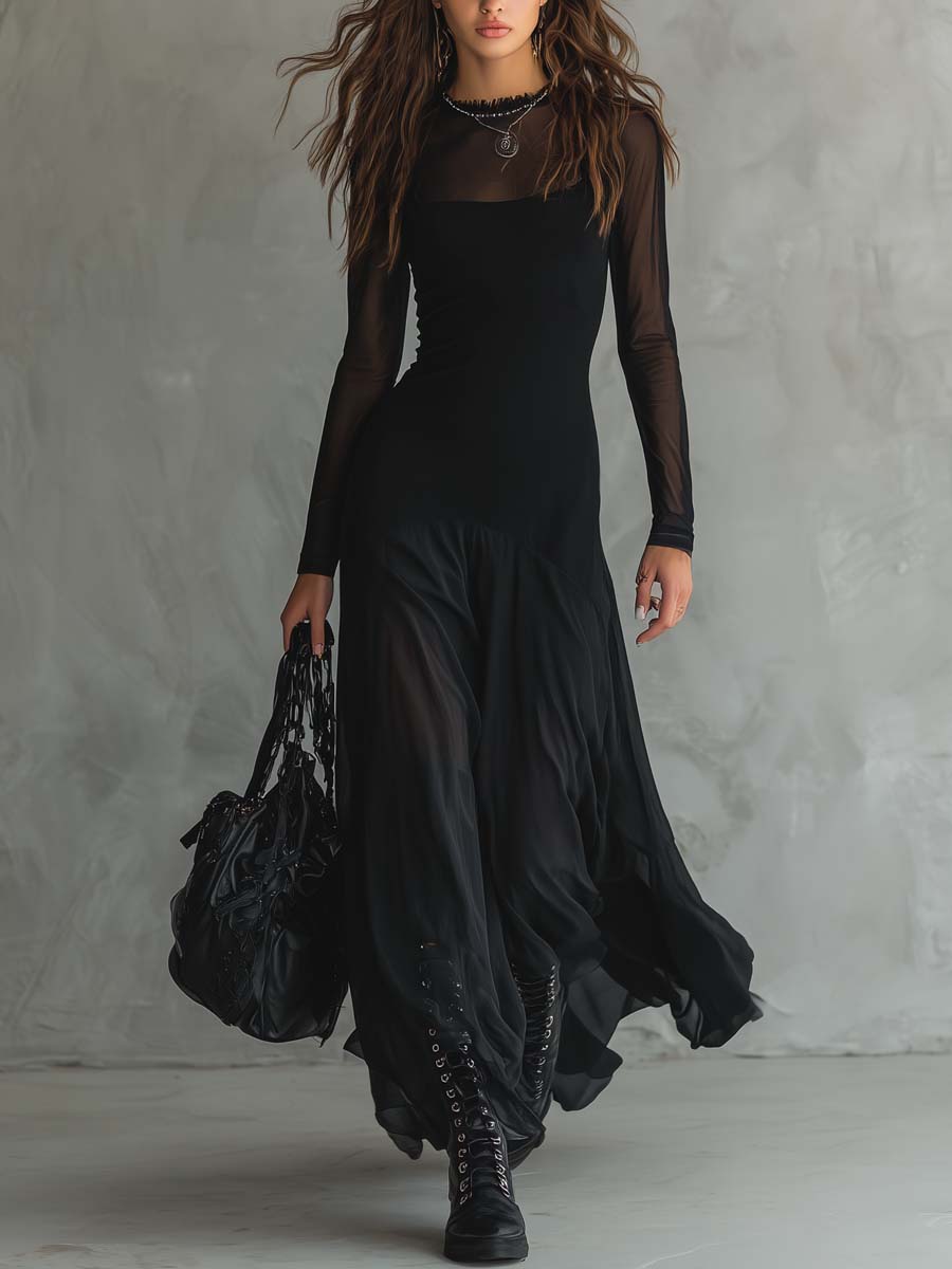 Vestido Maxi Negro Mujer Con Mangas Transparentes – Estilo Elegante
