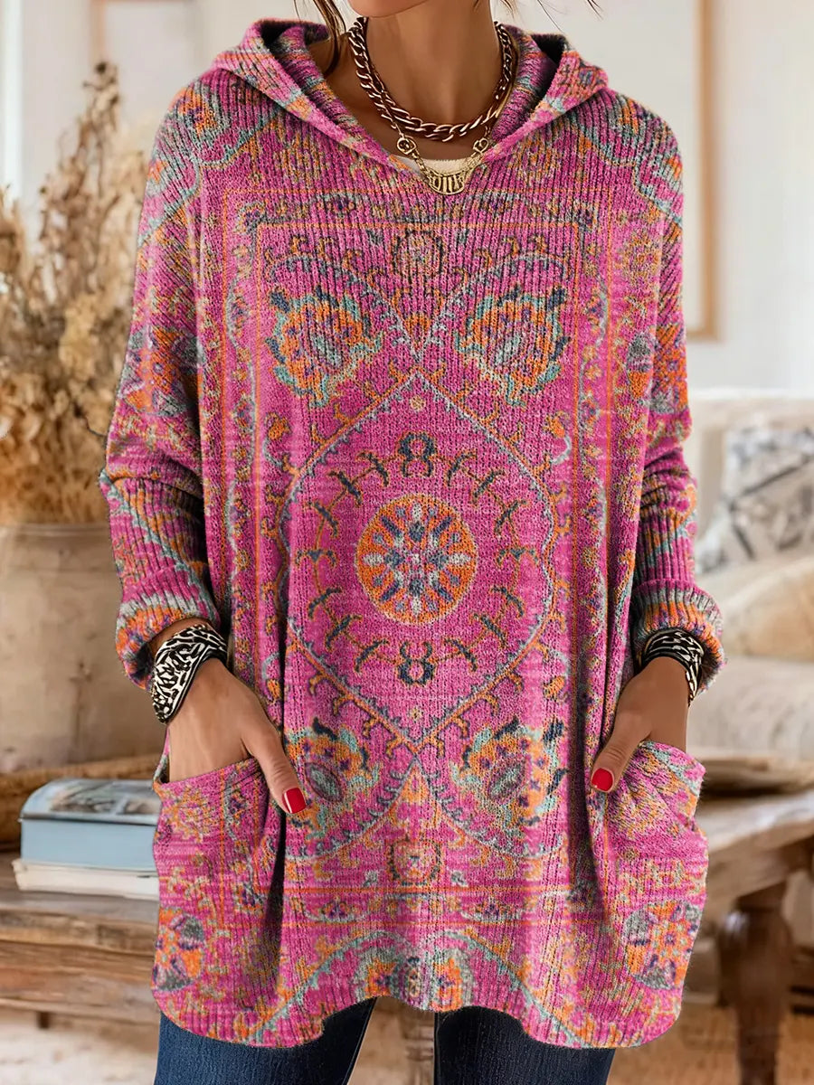 Túnica mujer con capucha retro estampada – cómoda y cálida
