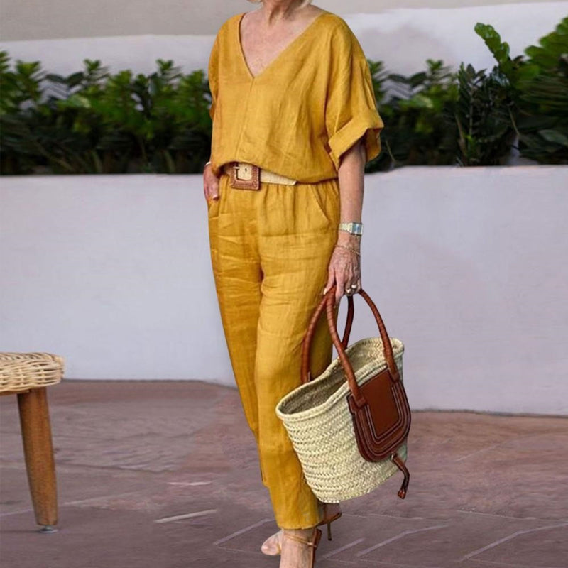 Conjunto mujer cuello V pantalón recto bolsillos casual chic