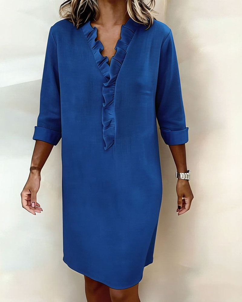 Vestido mujer lino algodón escote V volantes elegante casual