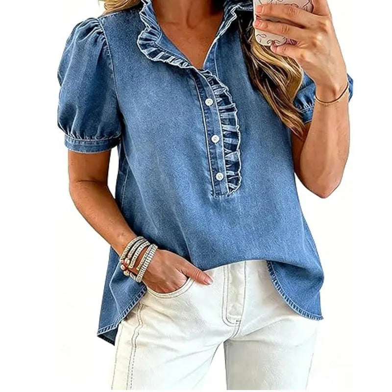 Top denim mujer con cuello volante y mangas abullonadas