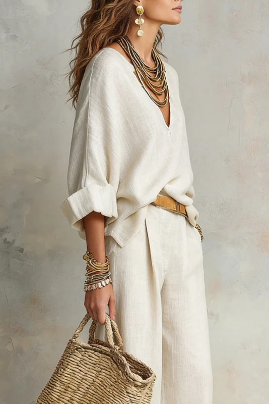 Conjunto mujer con escote en V y pantalón ancho