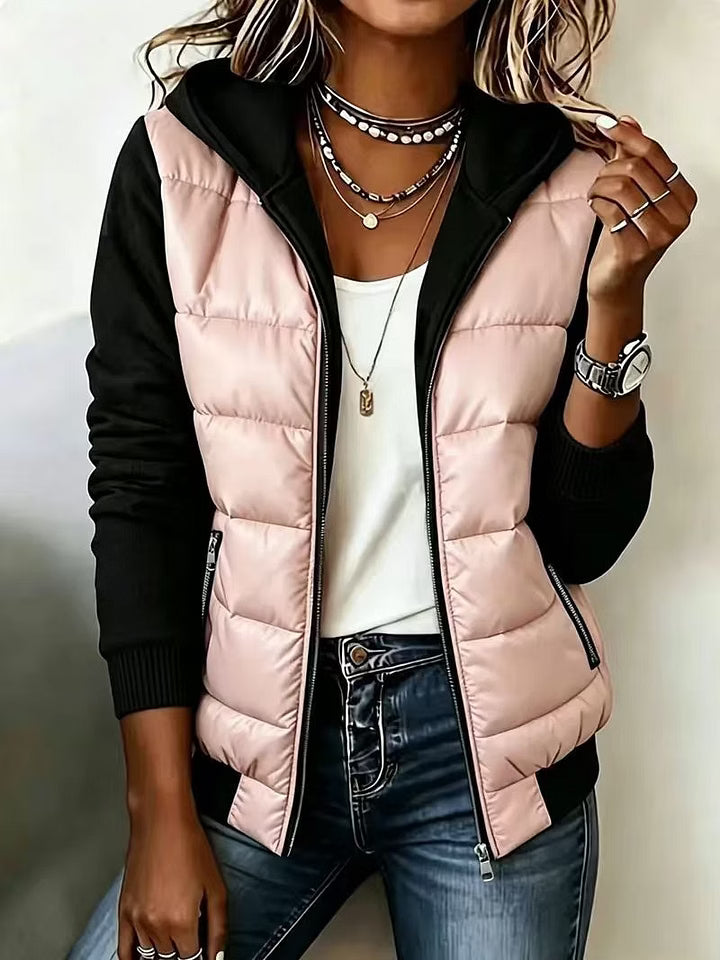 Chaqueta acolchada bicolor para mujer con capucha y cremallera