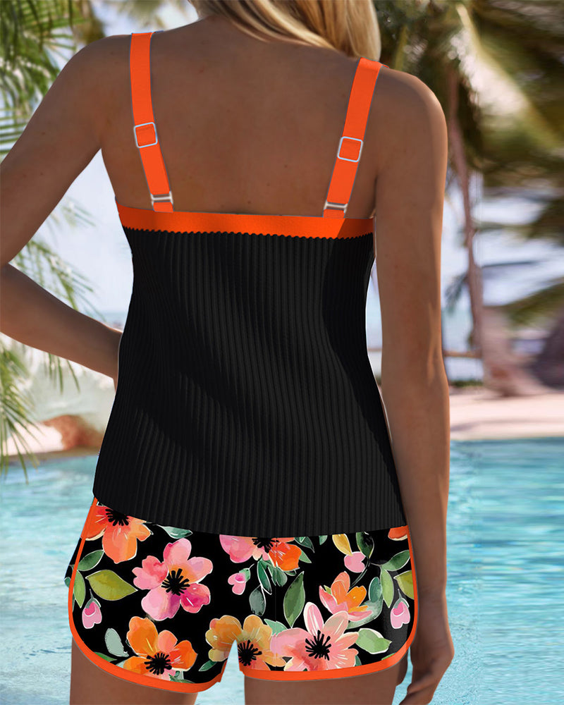 Tankini mujer dos piezas top acanalado ribete floral shorts playa verano