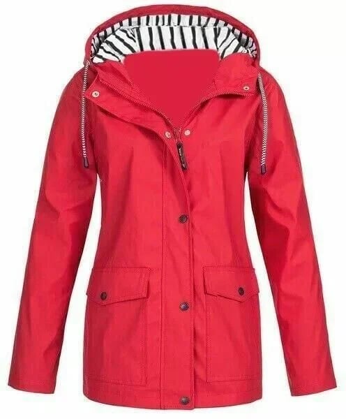 Chaqueta impermeable de mujer con capucha y bolsillos frontales