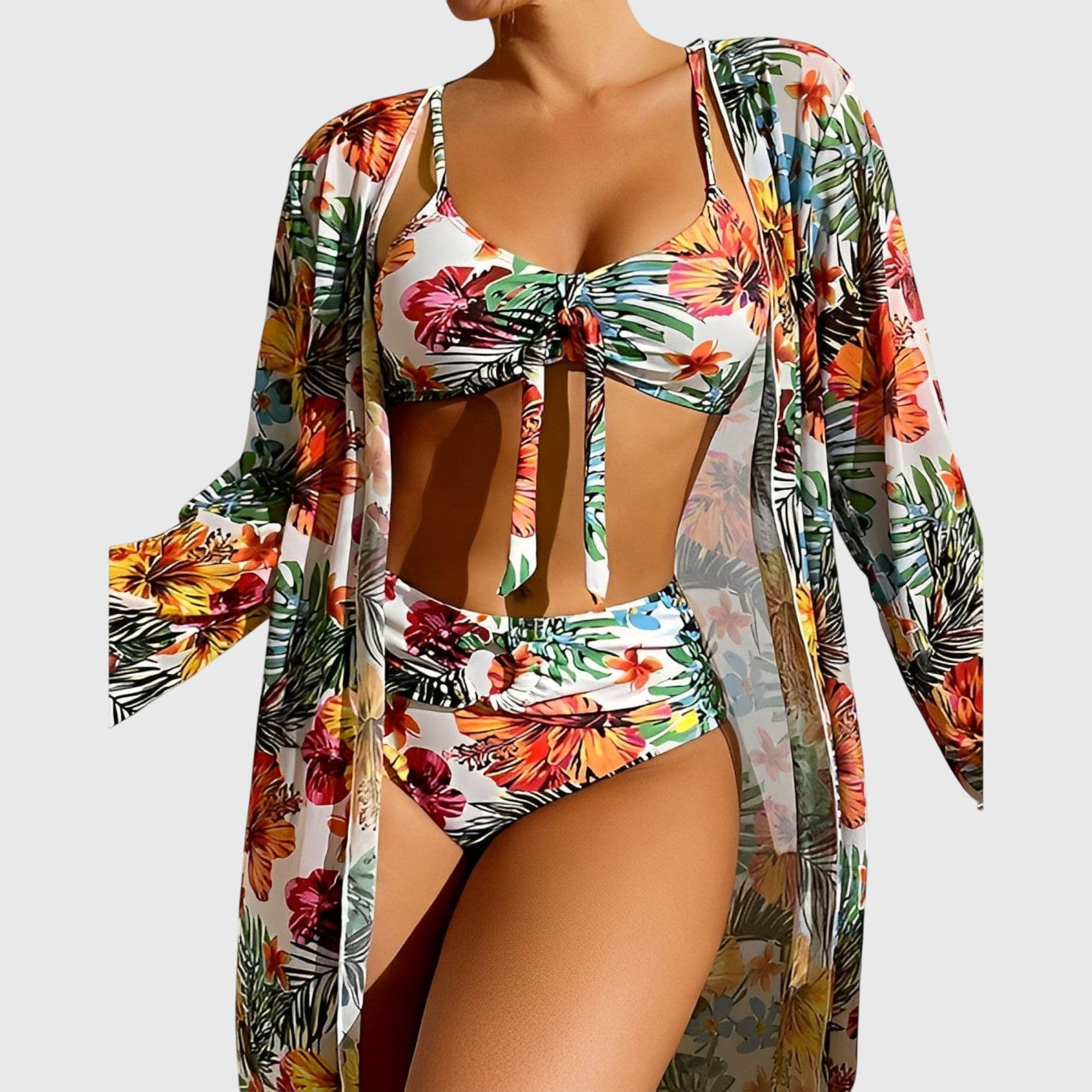 Bikini tres piezas mujer tropical top lazo cintura alta kimono playa verano