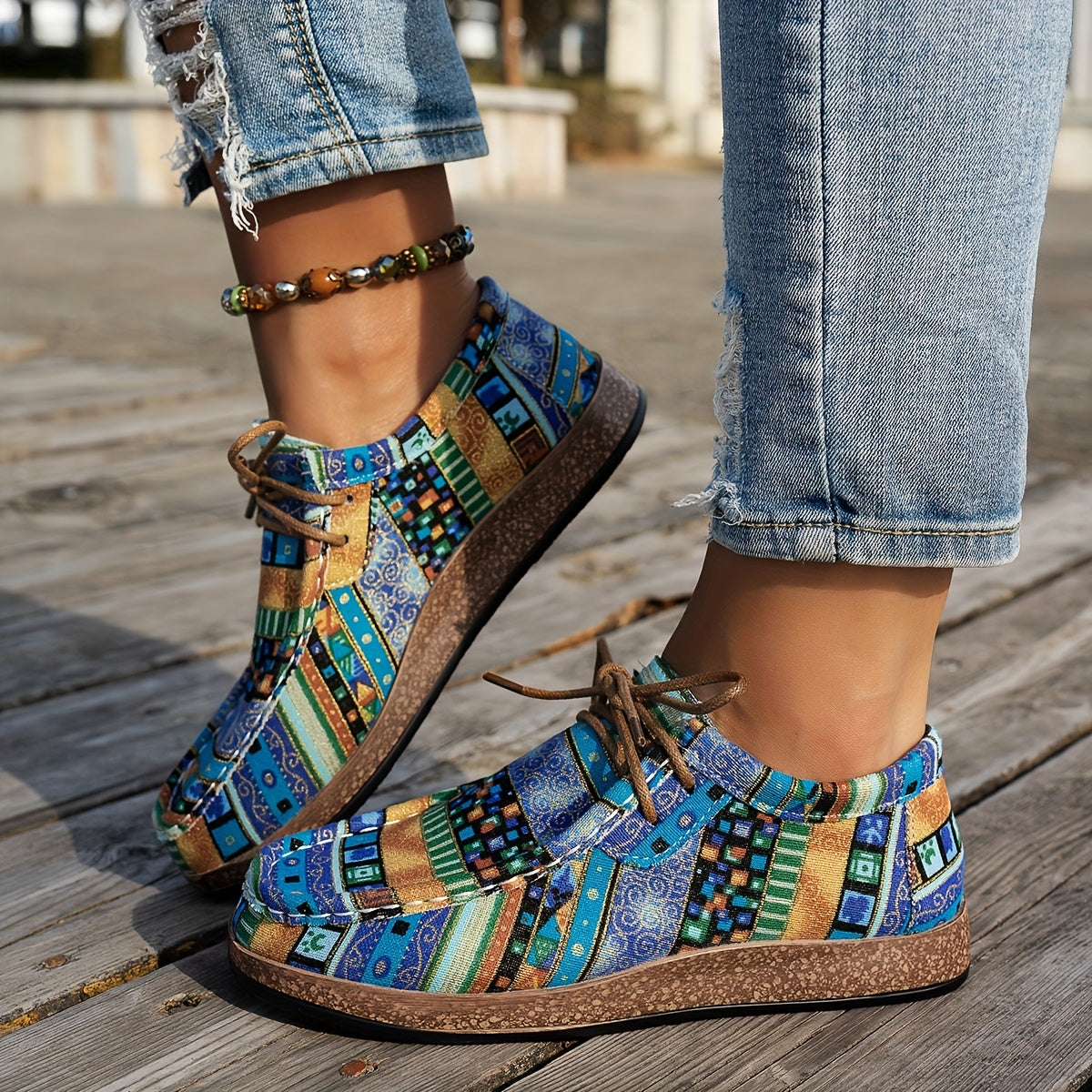Zapatillas casuales de mujer con patchwork y cordones ajustables