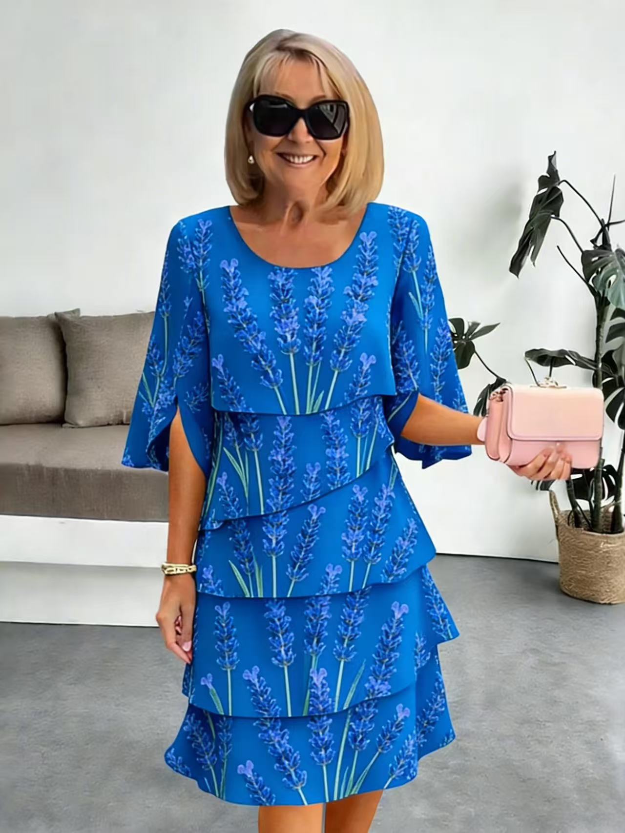 Vestido midi mujer estampado lavanda volantes escalonados mangas abiertas elegante