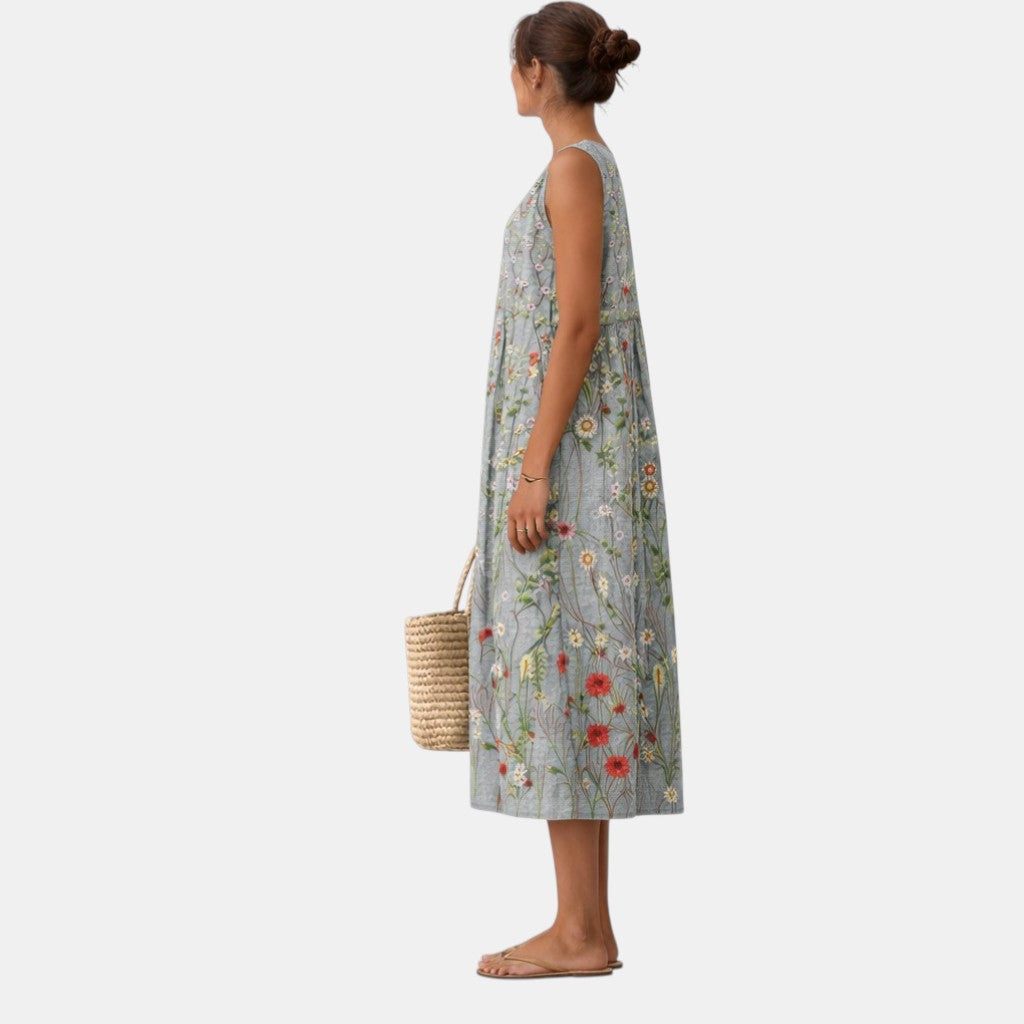 Vestido midi mujer viscosa floral sin mangas para verano