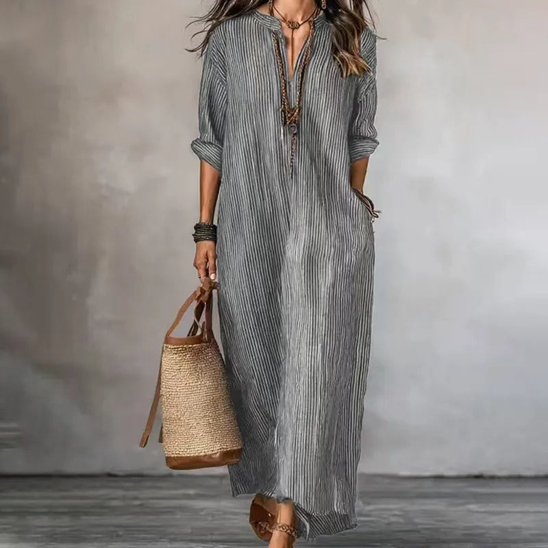 Vestido maxi mujer rayado con escote en V y corte fluido