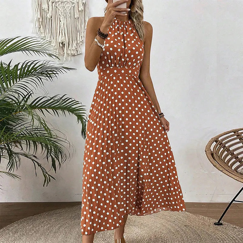 Vestido maxi de mujer con lunares y cuello halter