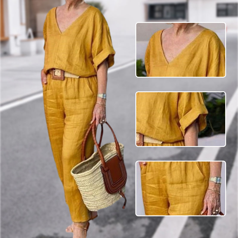 Conjunto mujer cuello V pantalón recto bolsillos casual chic
