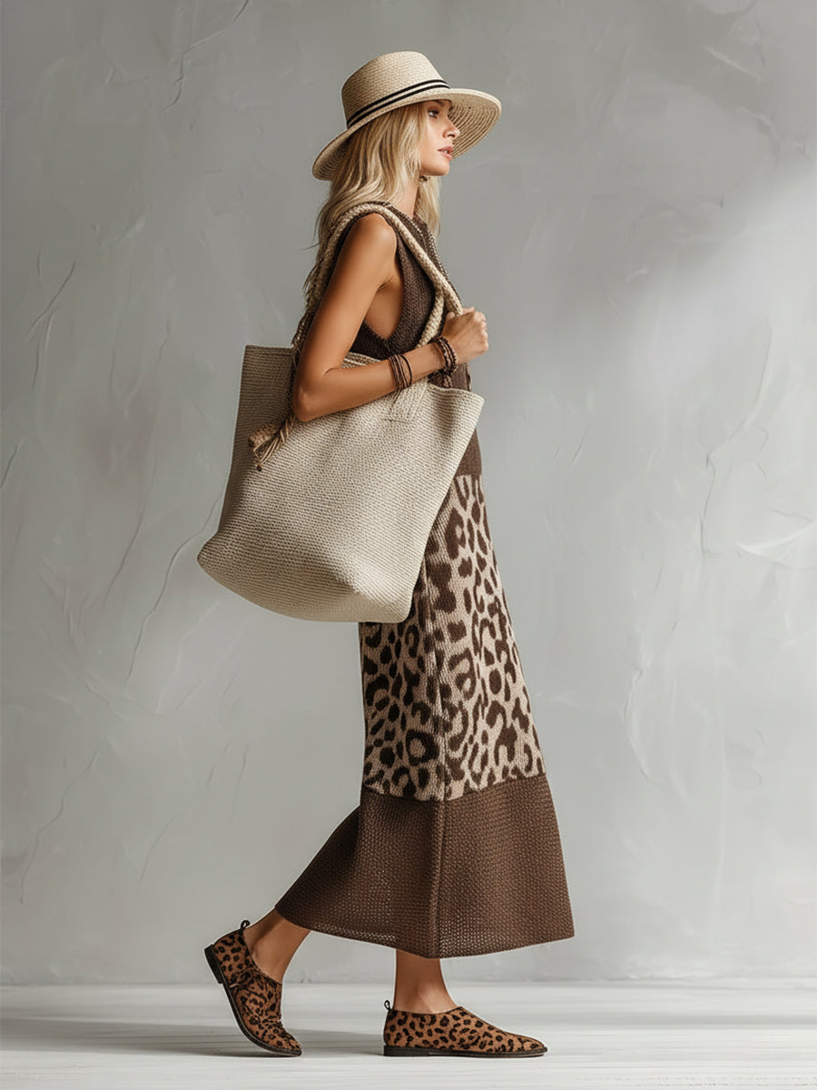 Vestido largo mujer punto sin mangas estampado leopardo cuello alto
