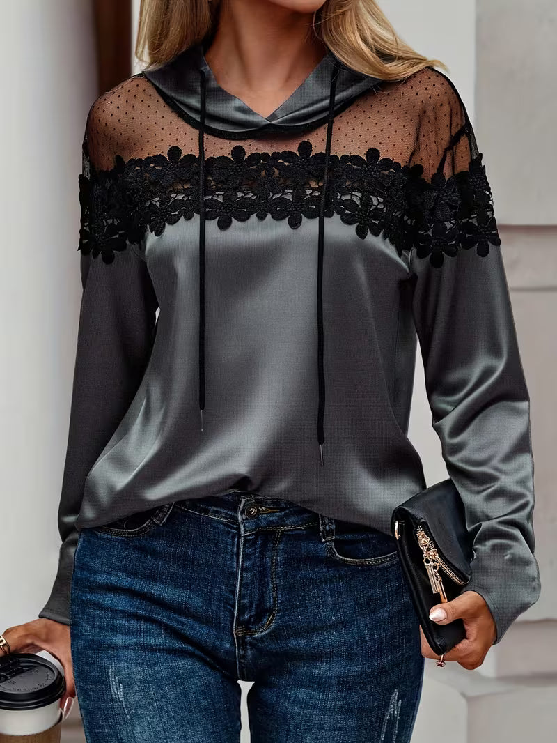 Sudadera elegante de mujer con encaje y capucha de manga larga