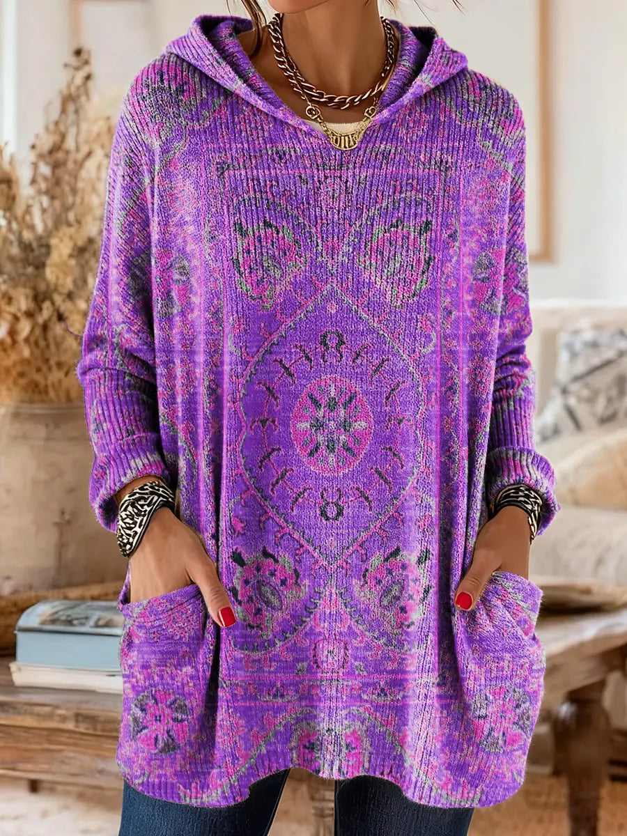 Túnica mujer con capucha retro estampada – cómoda y cálida