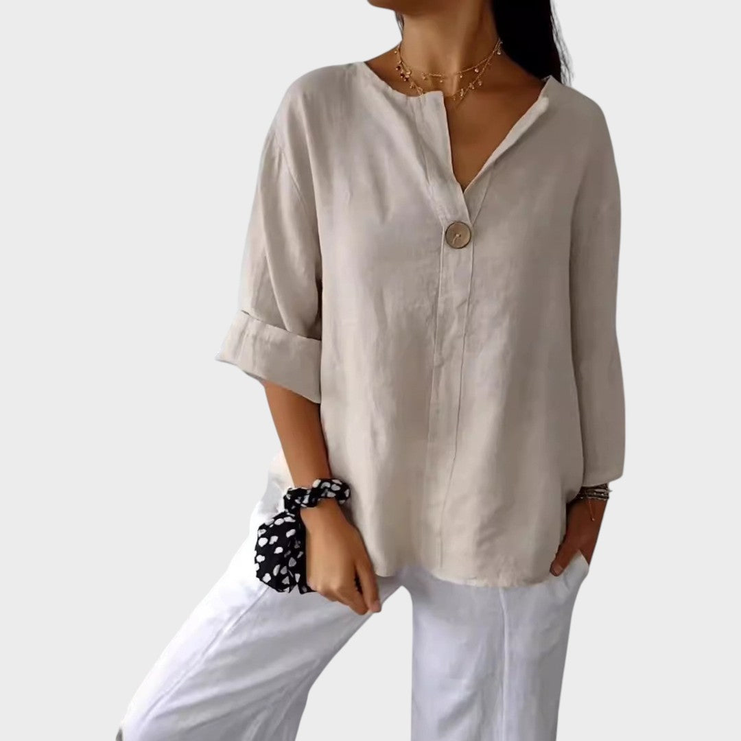 Blusa Mujer De Lino Con Escote En V – Camisa Casual Elegante