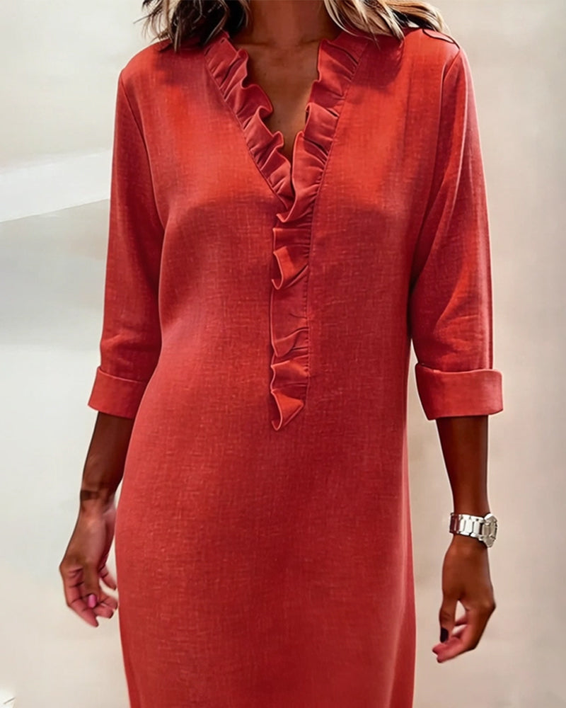 Vestido mujer lino algodón escote V volantes elegante casual