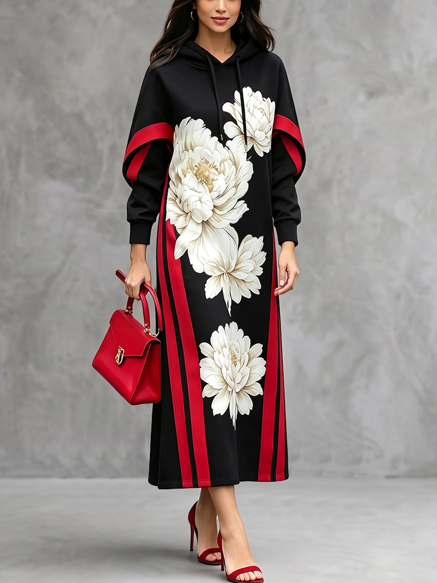 Vestido largo para mujer con capucha, estampado floral y detalles en contraste