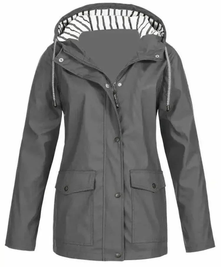 Chaqueta impermeable de mujer con capucha y bolsillos frontales