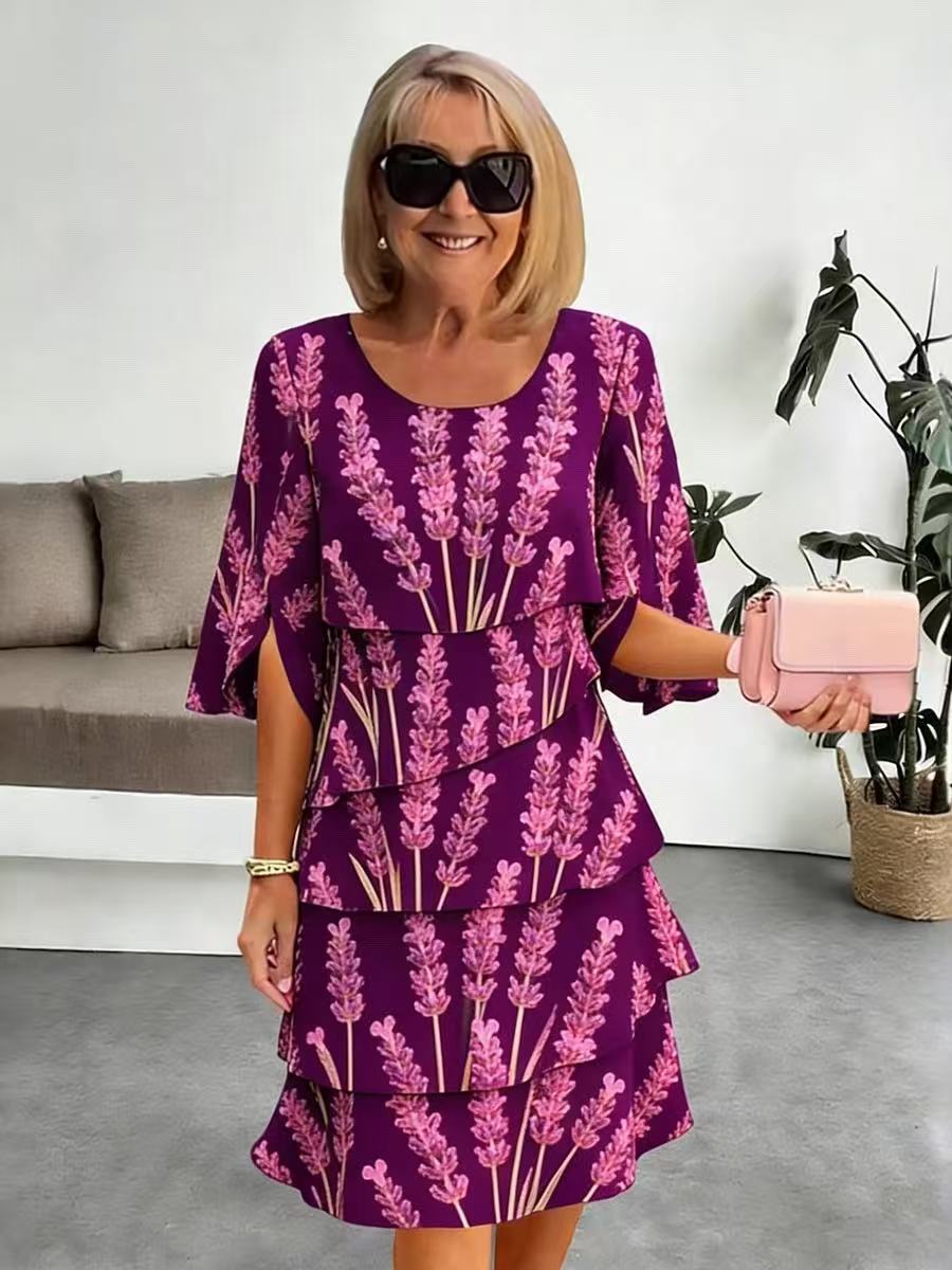 Vestido midi mujer estampado lavanda volantes escalonados mangas abiertas elegante