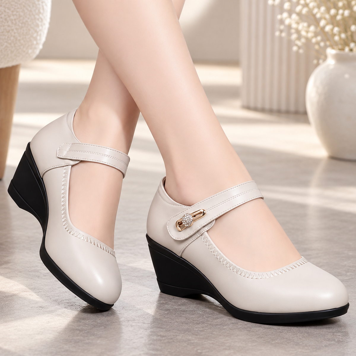 Zapatos de cuña para mujer con correa y acabado efecto cuero
