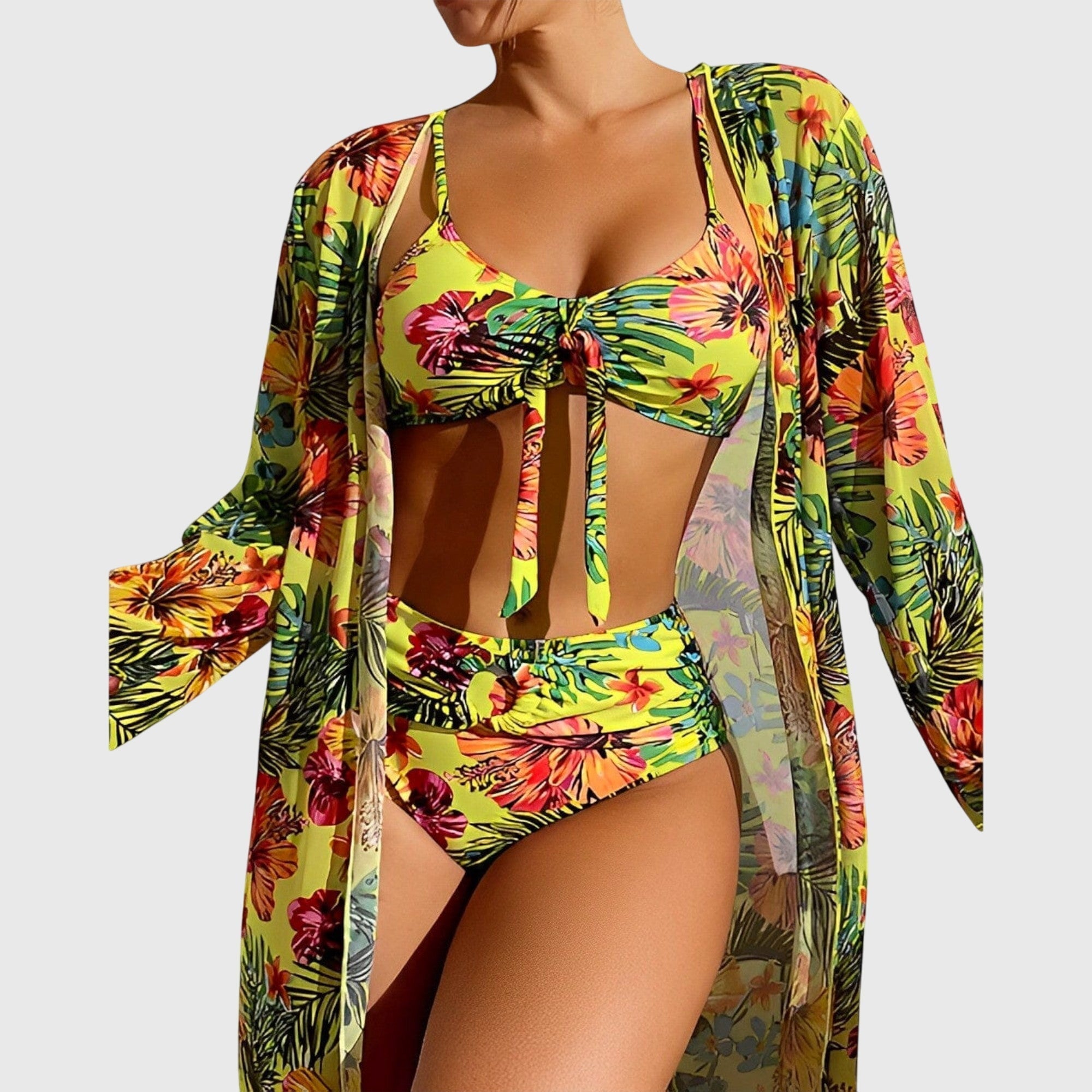 Bikini tres piezas mujer tropical top lazo cintura alta kimono playa verano