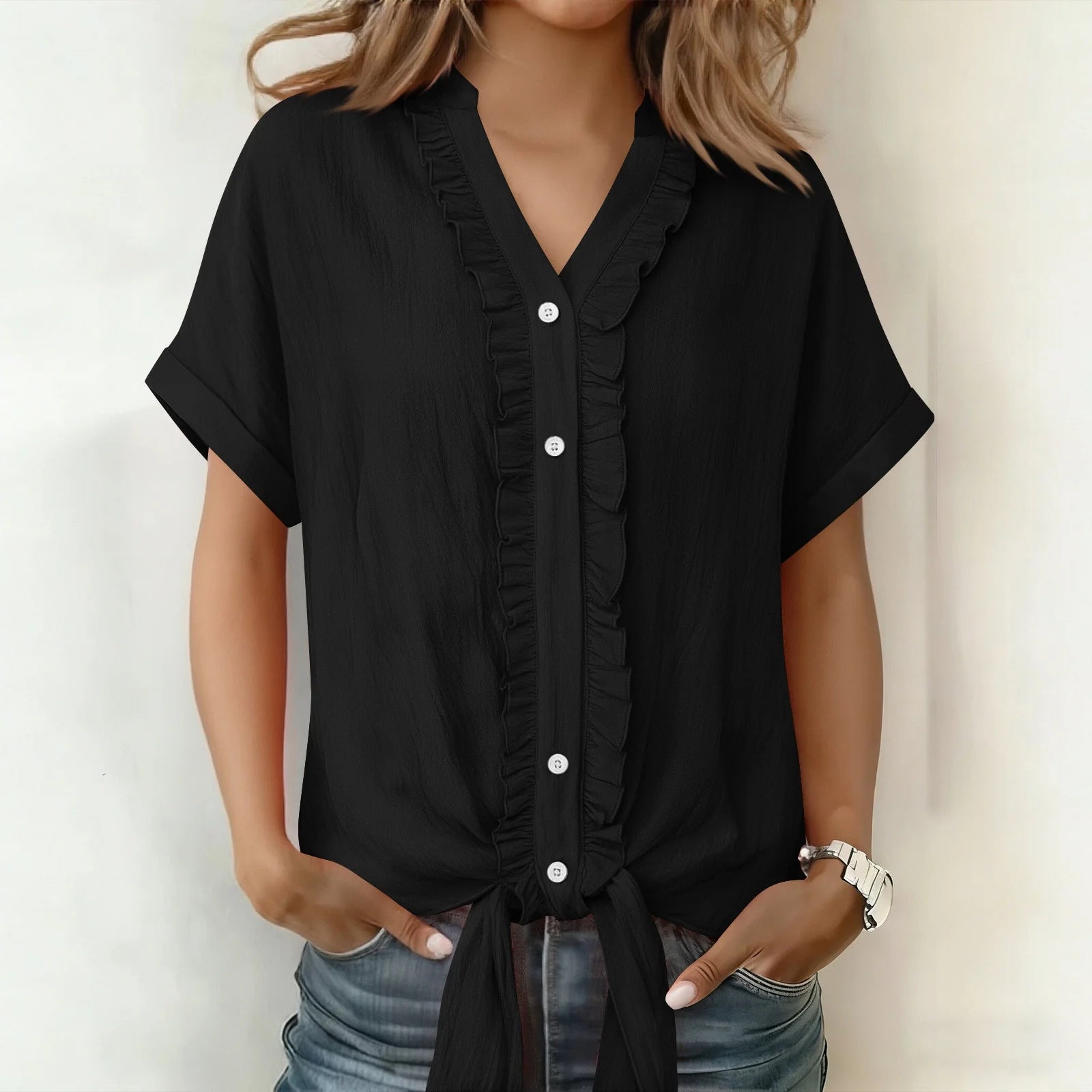 Blusa de Algodón con Cuello en V – Corte Casual Elegante de Verano