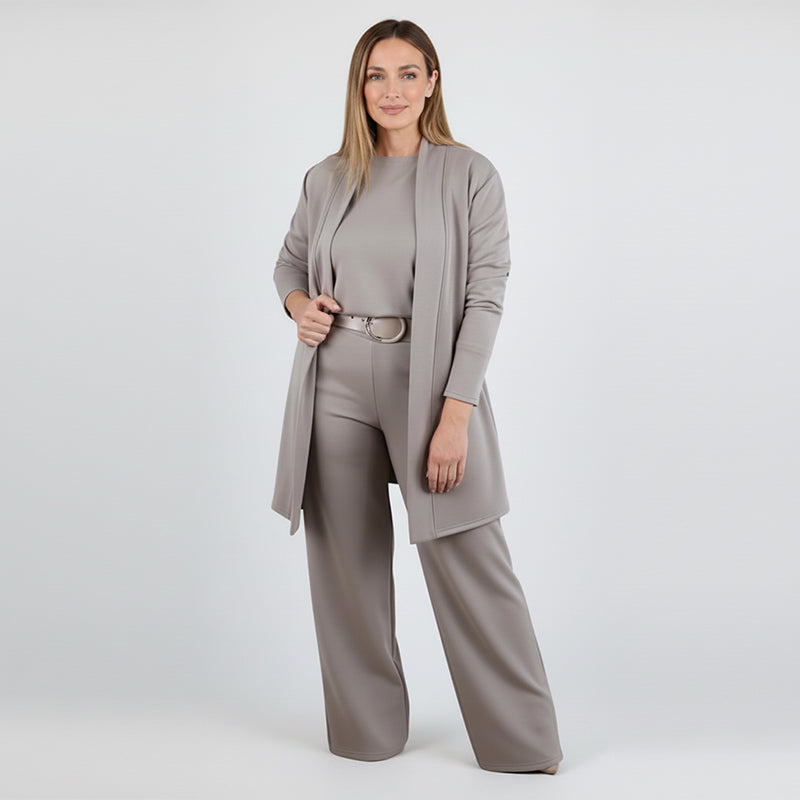 Conjunto tres piezas mujer con cárdigan largo elegante