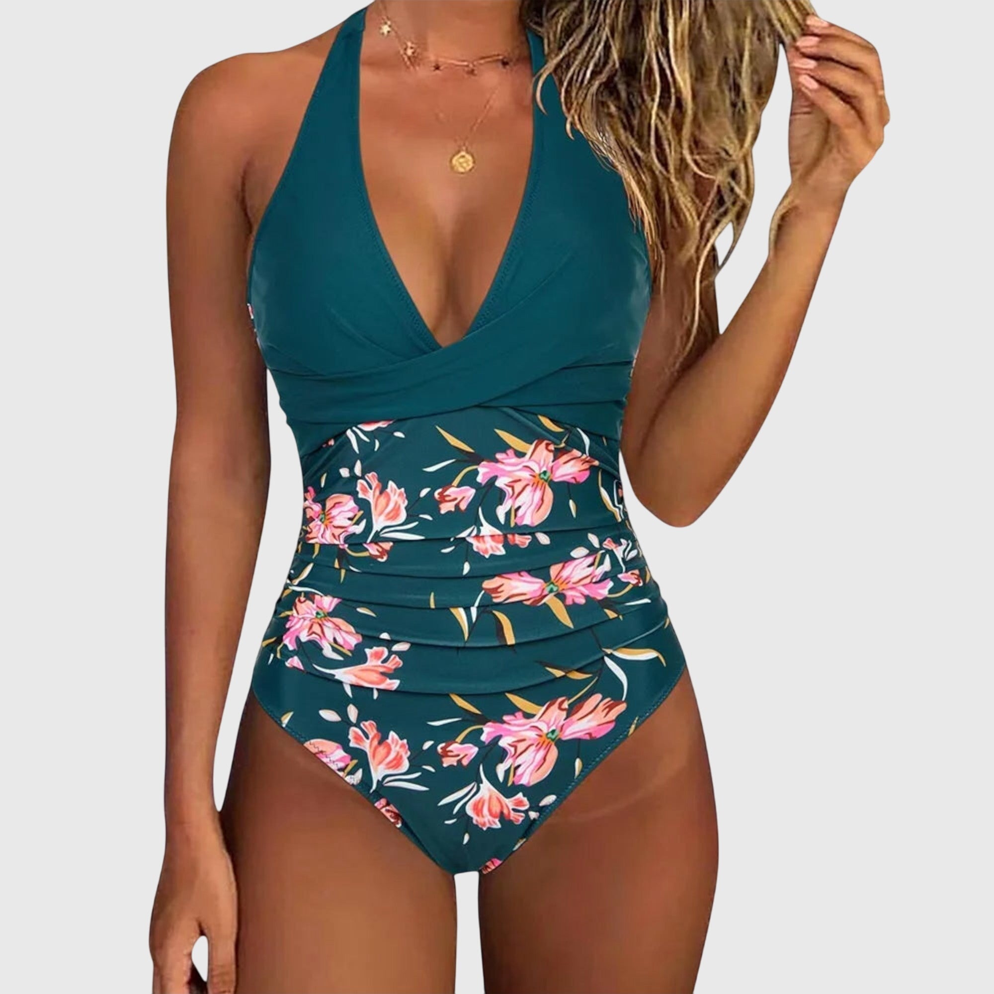 Bañador mujer una pieza halter escote V floral fruncido moldeador playa