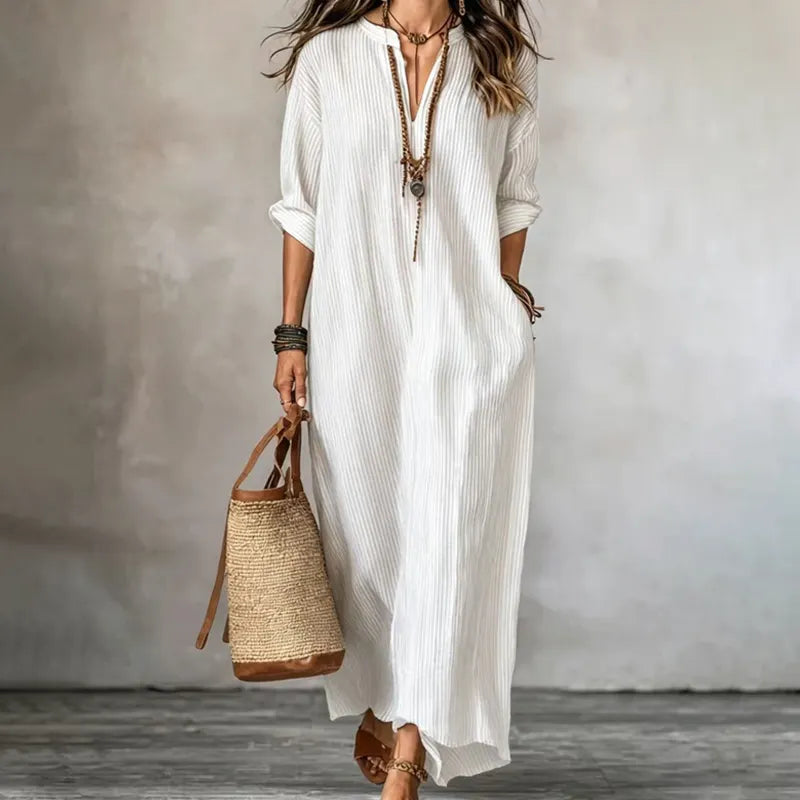 Vestido maxi mujer rayado con escote en V y corte fluido