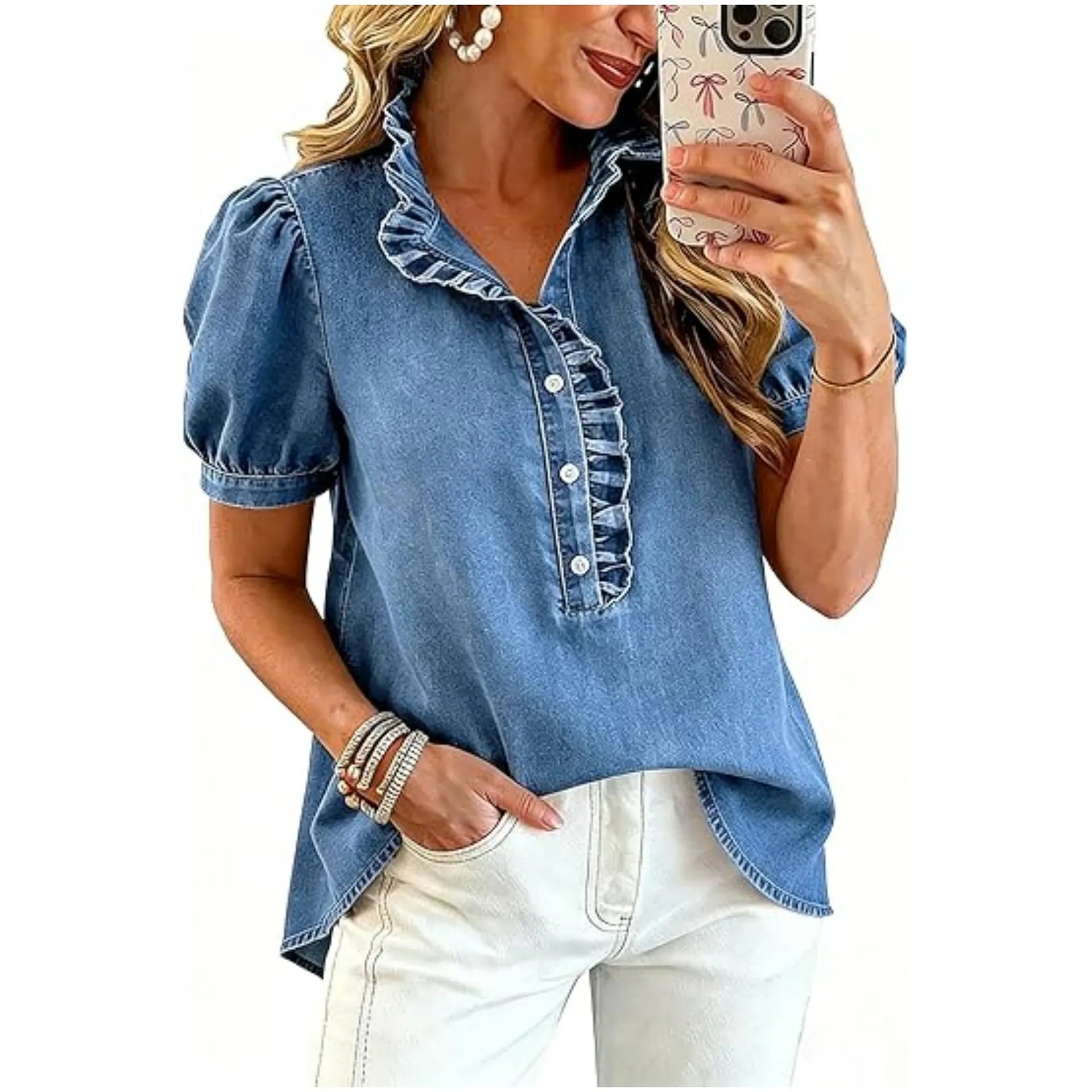 Top denim mujer con cuello volante y mangas abullonadas
