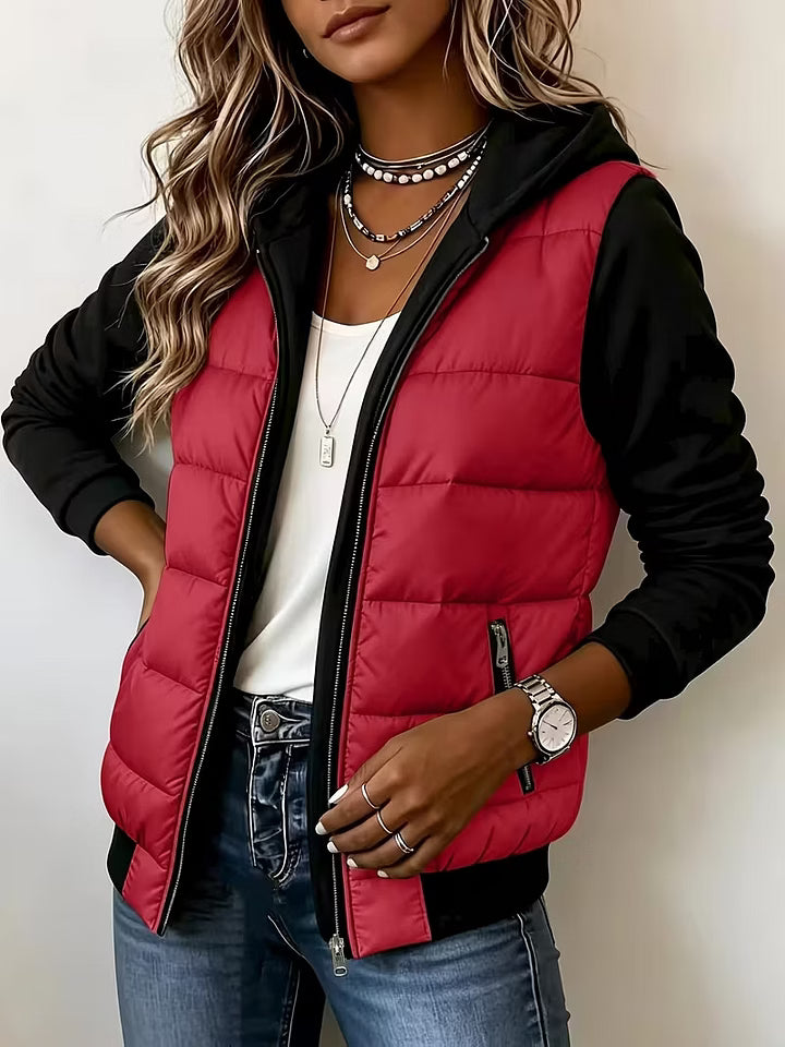 Chaqueta acolchada bicolor para mujer con capucha y cremallera