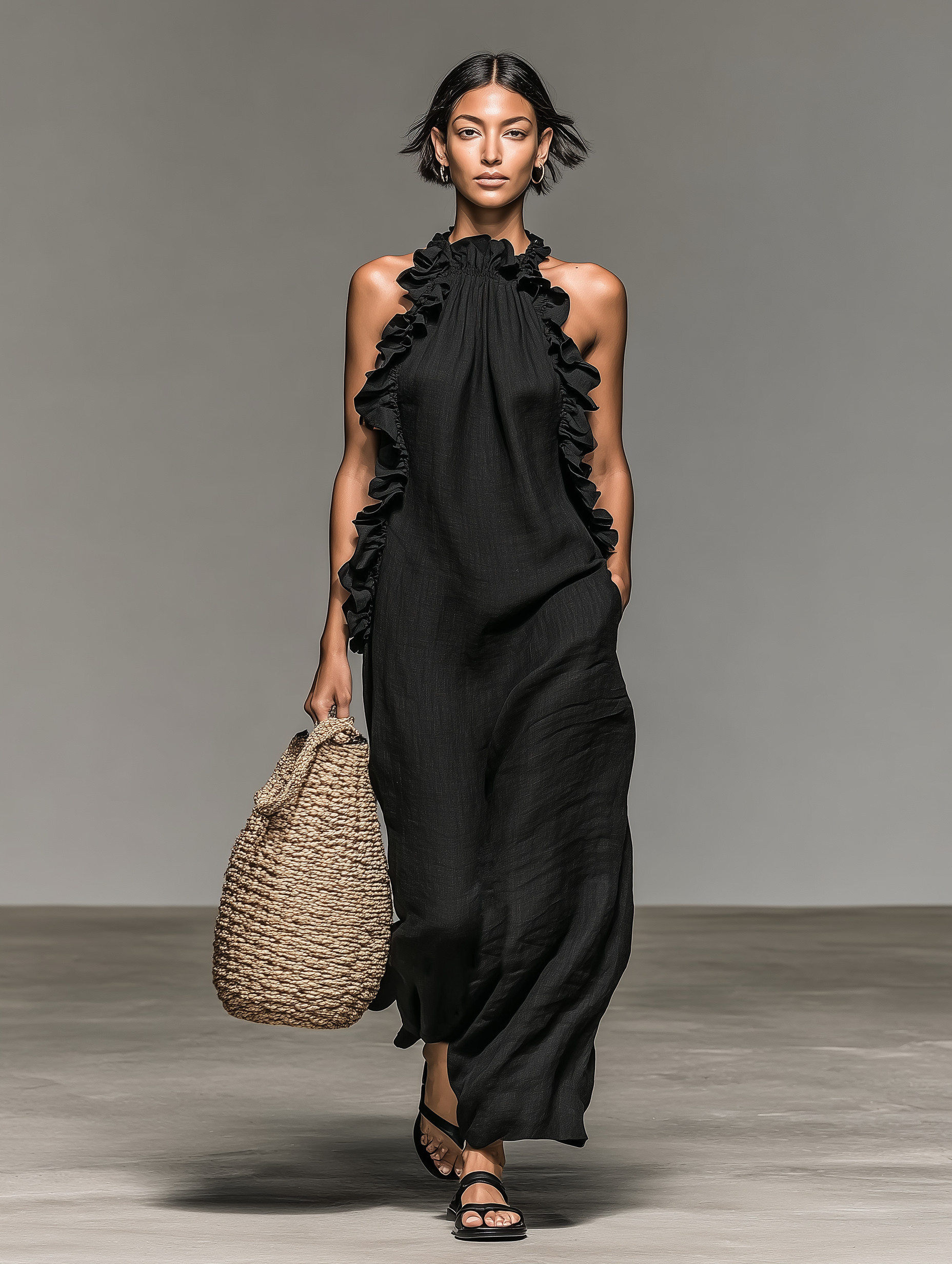 Vestido maxi mujer sin mangas con volantes y bolsillos