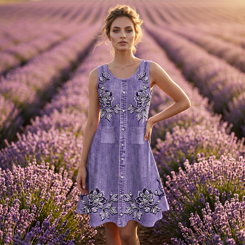 Vestido mujer sin mangas floral con botones y corte en A
