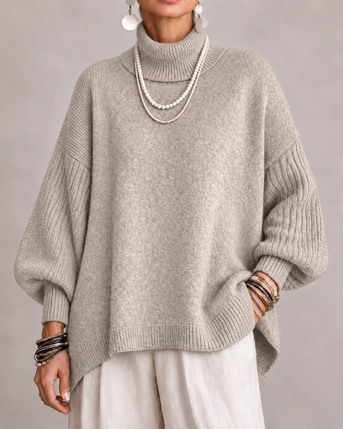 Suéter oversize para mujer con cuello alto y mangas acanaladas