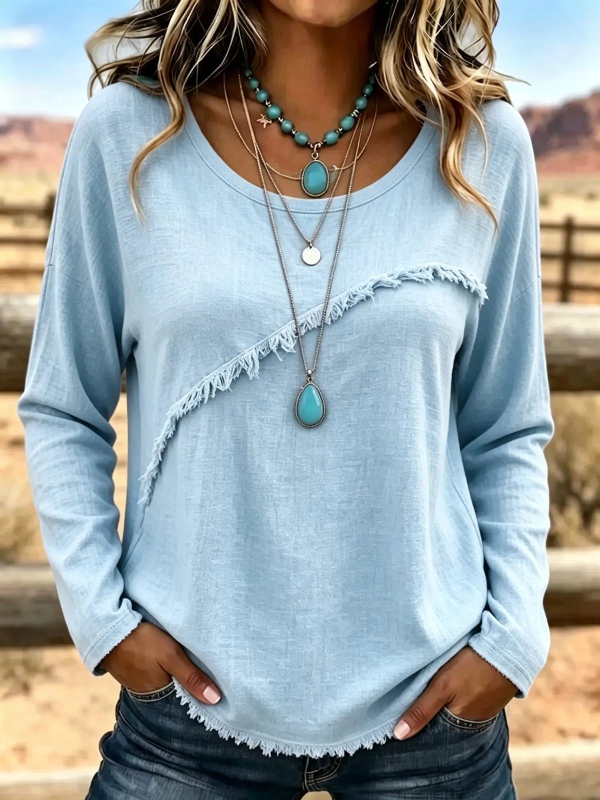Blusa bohemia para mujer con flecos y manga larga relajada
