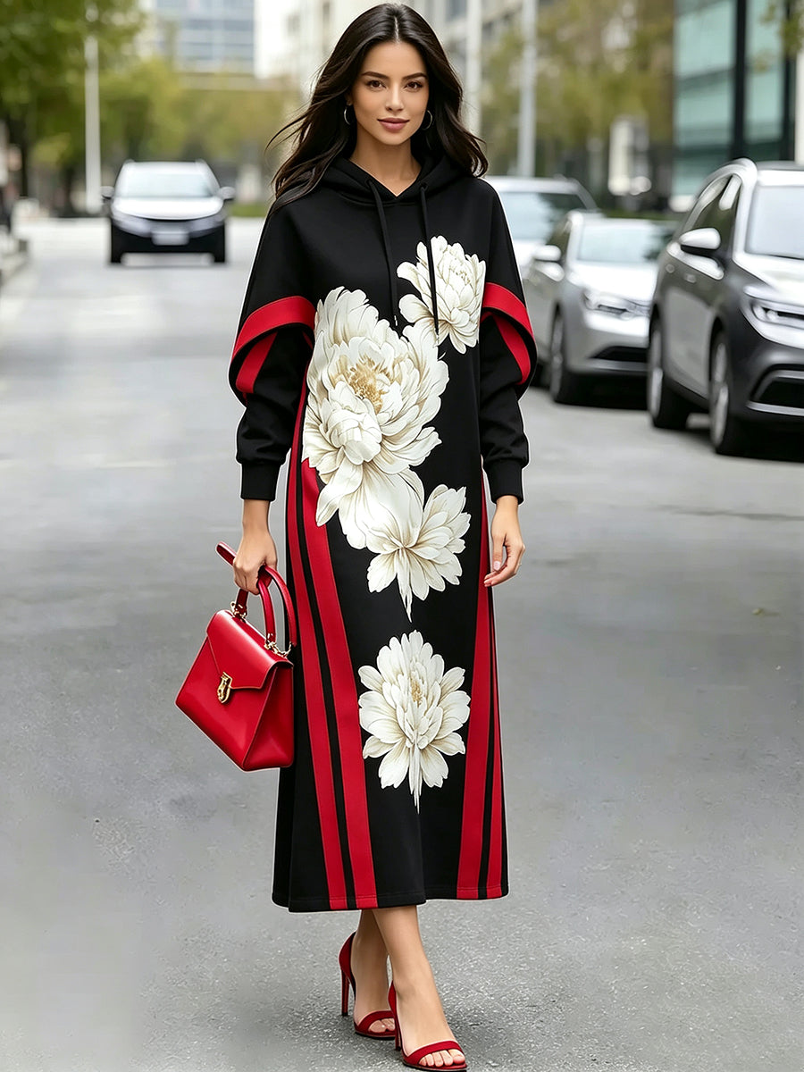 Vestido largo para mujer con capucha, estampado floral y detalles en contraste