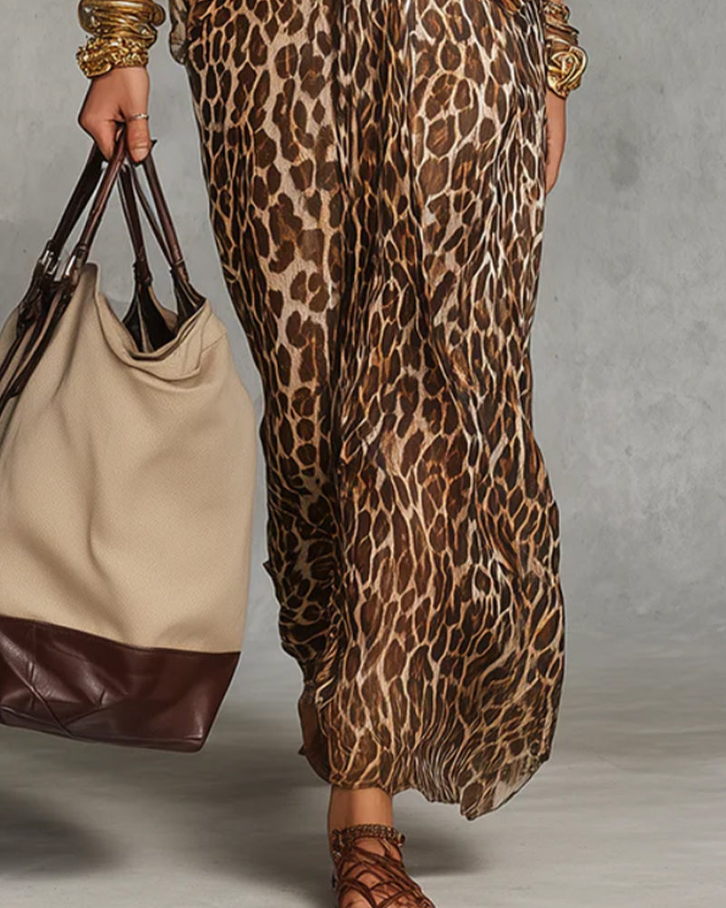 Vestido maxi para mujer con estampado animal y detalle drapeado