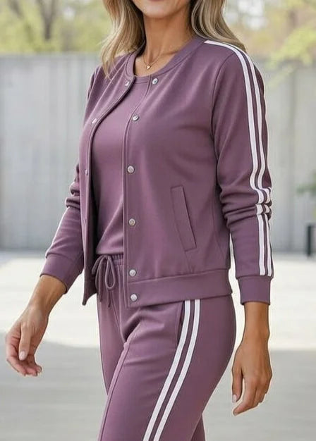Conjunto mujer 3 piezas sport chic – chaqueta pantalón rayas elegantes