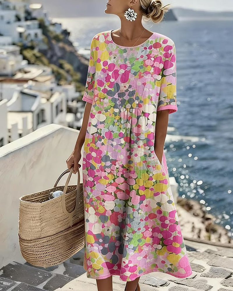Vestido midi mujer algodón lino estampado flores abstractas bolsillos verano