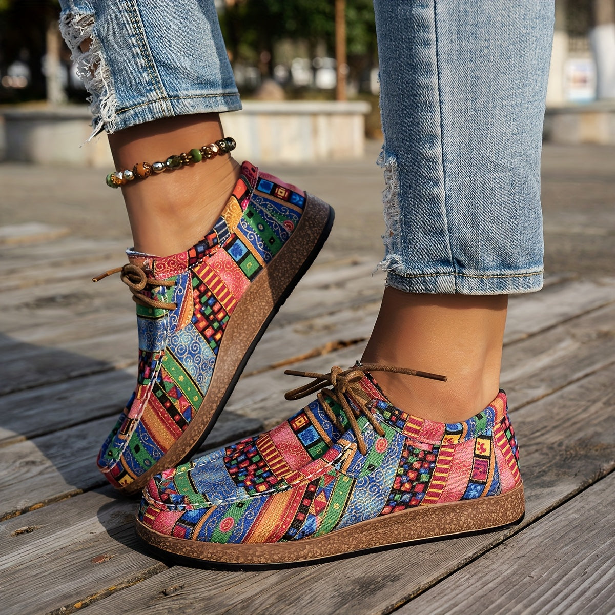 Zapatillas casuales de mujer con patchwork y cordones ajustables