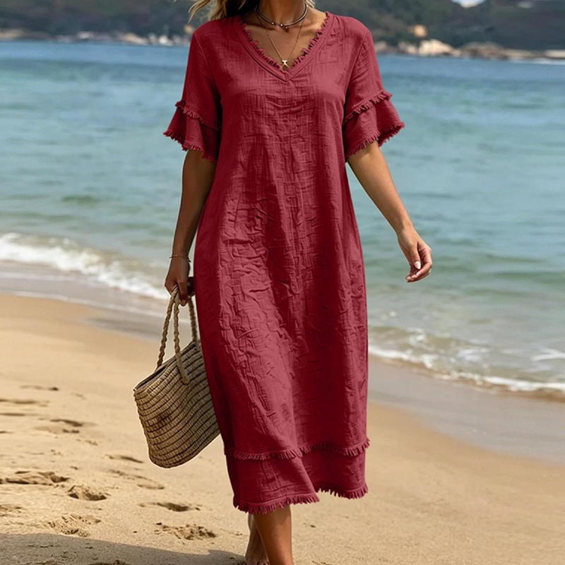 Vestido mujer bohemio con cuello en V y flecos