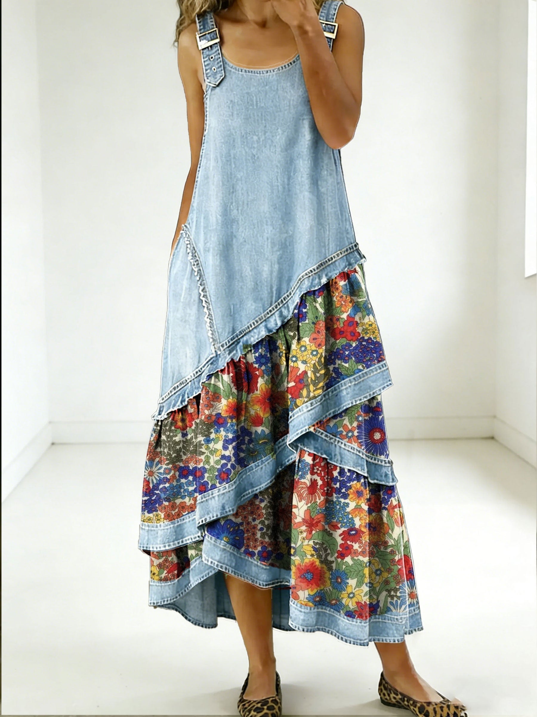 Vestido bohemio mujer con patchwork denim y estampado floral