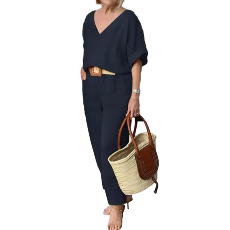 Conjunto mujer cuello V pantalón recto bolsillos casual chic