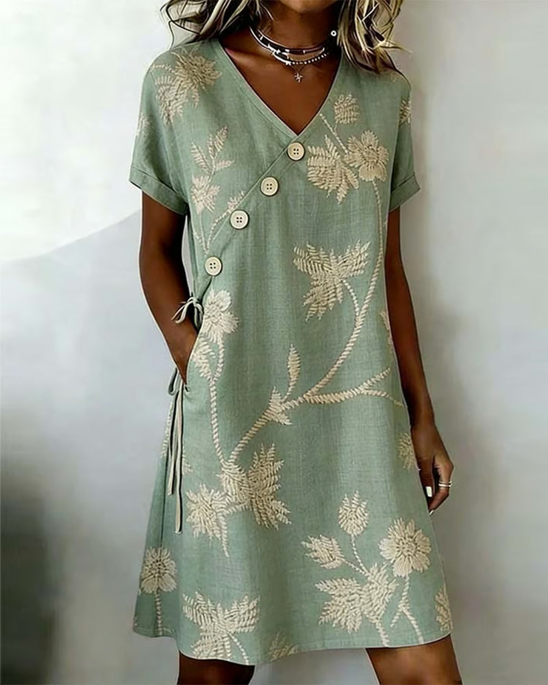 Vestido mini floral para mujer con botones diagonales
